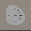 Irregular Shaped White Clock With Dial Featuring Numbers And English Words On Beige Wall