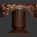Red Round Tablecloth With Golden Patterns And Sparkling Decorations On Wooden Table