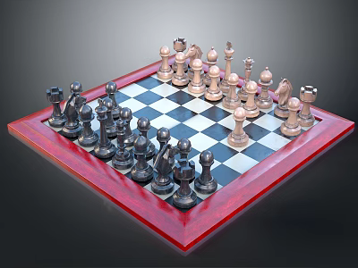 Classic Wooden Chessboard With Red Frame And Black White Chess Pieces 3d model
