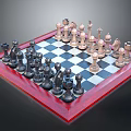 Classic Wooden Chessboard With Red Frame And Black White Chess Pieces