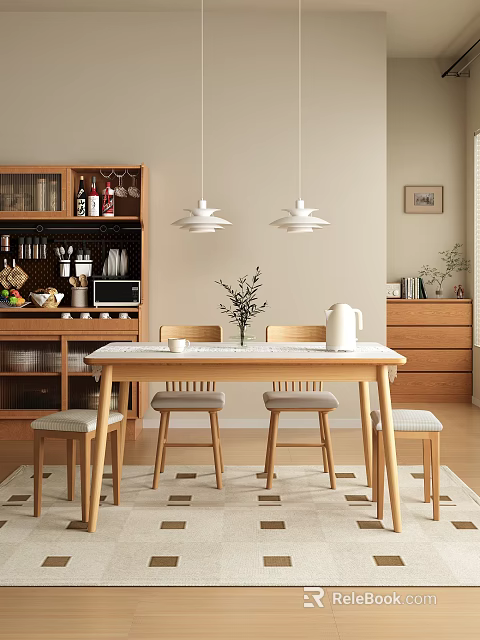 Modern Wooden Dining Chairs With Upholstered Seats In Kitchen Dining Area With Table And Lights 3d model 