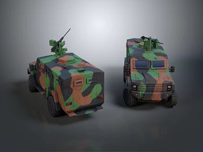 Camouflaged Military Armored Vehicles With Roof Mounted Weaponry In Dual Views 3d model