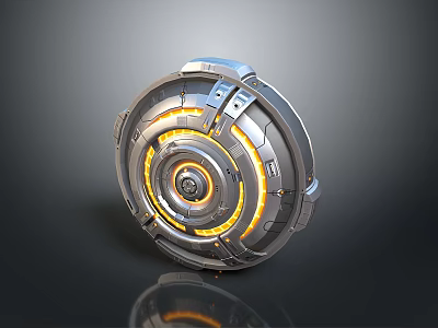 Futuristic Circular Metallic Device With Glowing Orange Accent Rings And Mechanical Details 3d model