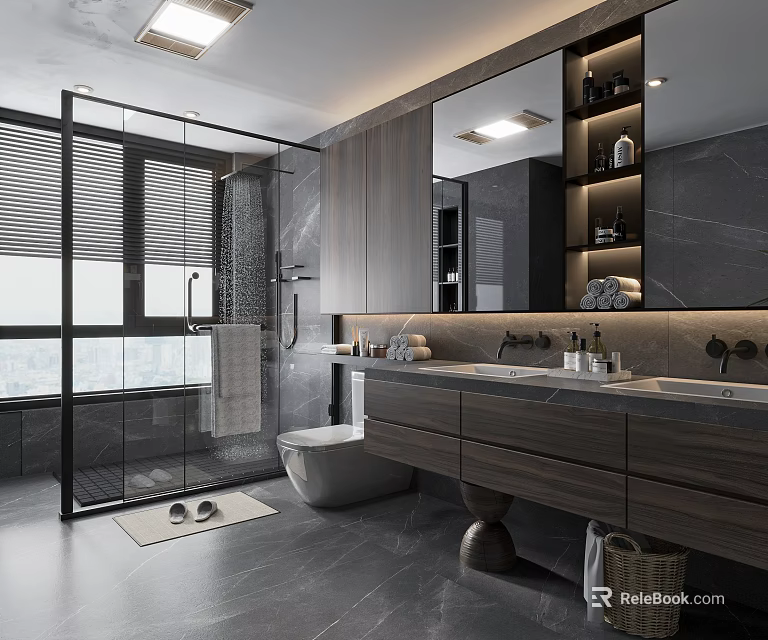 Modern Bathroom With Glass Shower Double Vanity And Large Mirror 3d model