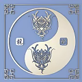 Intricate Dragon Head Carvings On Yin Yang Symbol With Blue Background And Swirl Patterns