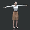 Woman Standing With Outstretched Arms In White Shirt And Brown Skirt On Gray Background