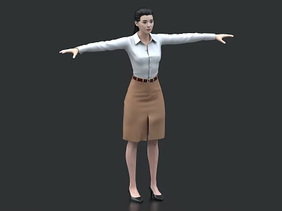 Woman Standing With Outstretched Arms In White Shirt And Brown Skirt On Gray Background 3d model