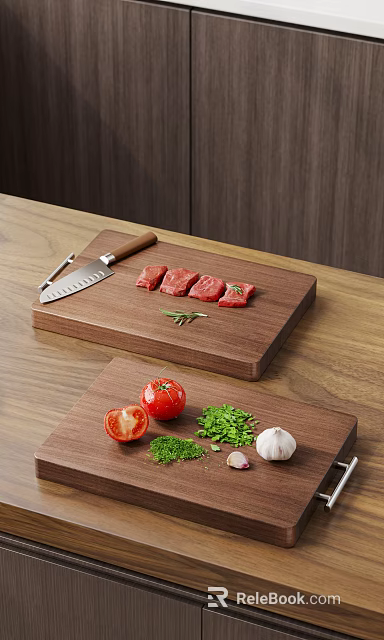 Essential Kitchen Tools Wooden Cutting Boards With Knife For Preparing Meat Tomatoes Herbs And Garlic 3d model 