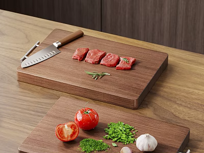 Essential Kitchen Tools Wooden Cutting Boards With Knife For Preparing Meat Tomatoes Herbs And Garlic 3d model