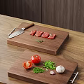 Essential Kitchen Tools Wooden Cutting Boards With Knife For Preparing Meat Tomatoes Herbs And Garlic