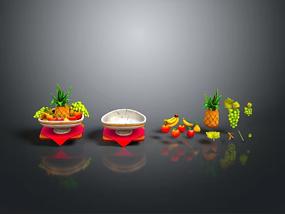 Fruit Plates Holding Pineapple Grapes Bananas Apples And Oranges 3d model