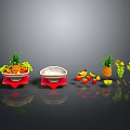 Fruit Plates Holding Pineapple Grapes Bananas Apples And Oranges