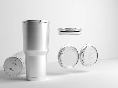 Silver Stainless Steel Insulated Tumbler with Open and Closed Lids on White Background 3d model