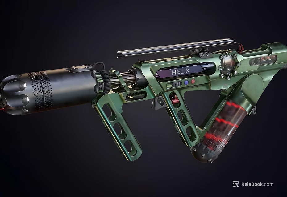 Futuristic Green And Black HELIX Weapon With Scope Magazine And Display Screen 3d model 