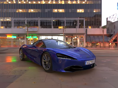 Blue Sports Car In Urban Street With Modern City Buildings 3d model