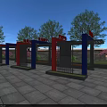 Outdoor Pergola With Blue Red Columns In Paved Square Surrounded By Trees And Blue Sky
