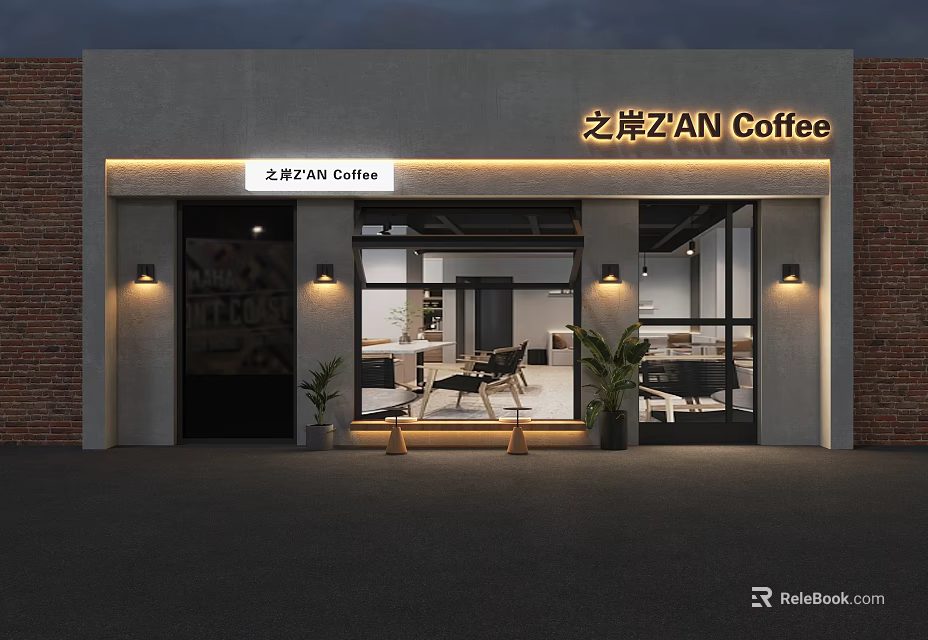 Modern Cafe Exterior With Brick Walls Glass Doors Warm Lighting Plants And Interior Seating 3d model 