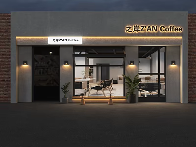 Modern Cafe Exterior With Brick Walls Glass Doors Warm Lighting Plants And Interior Seating 3d model