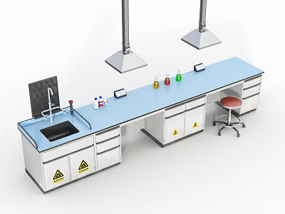 Laboratory Setup With Blue Countertop Fume Hoods Reagent Bottles Sink Faucet And Warning Signs 3d model