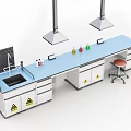 Laboratory Setup With Blue Countertop Fume Hoods Reagent Bottles Sink Faucet And Warning Signs