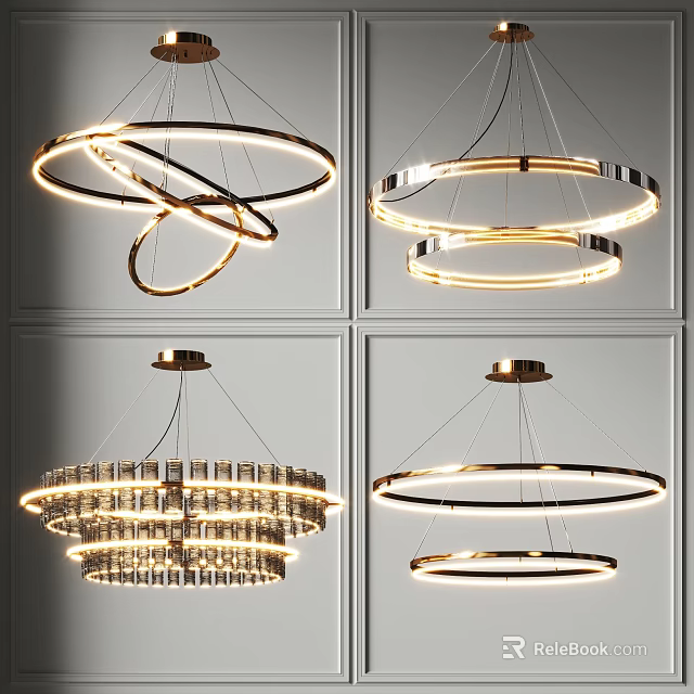 Modern Multi Layered Chandeliers With Illuminated Circular Rings And Crystal Accents 3d model 