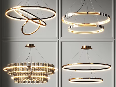 Modern Multi Layered Chandeliers With Illuminated Circular Rings And Crystal Accents 3d model