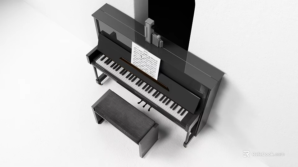 Elegant Black Piano with Art Supplies Music Sheet and Matching Bench 3d model 