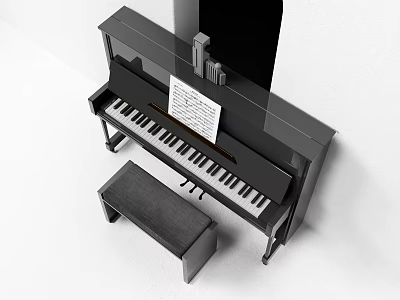 Elegant Black Piano with Art Supplies Music Sheet and Matching Bench 3d model