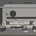 Modern Living Room Interior With Beige Sofa Multiple Pillows Round Coffee Table And Floor Lamp