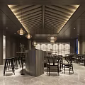 Modern Chinese Style Restaurant Interior With Wooden Ceiling Pendant Lights Marble Flooring And Tables Chairs