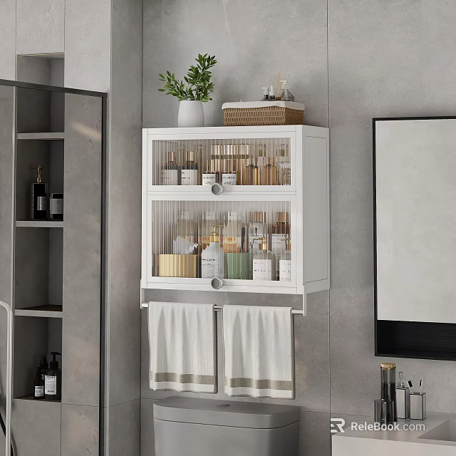 White Bathroom Cabinet With Glass Door Holding Skincare Toiletries Plant Storage Box And Towels Below 3d model 