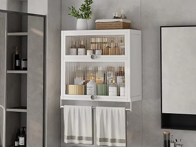 White Bathroom Cabinet With Glass Door Holding Skincare Toiletries Plant Storage Box And Towels Below 3d model