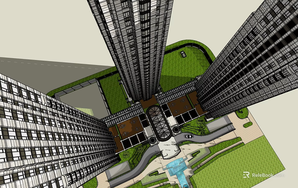 Modern High-rise Residential Complex Aerial View With Central Garden And Plaza Fountain 3d model 