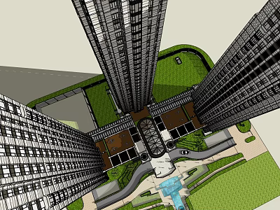 Modern High-rise Residential Complex Aerial View With Central Garden And Plaza Fountain 3d model