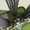 Modern High-rise Residential Complex Aerial View With Central Garden And Plaza Fountain