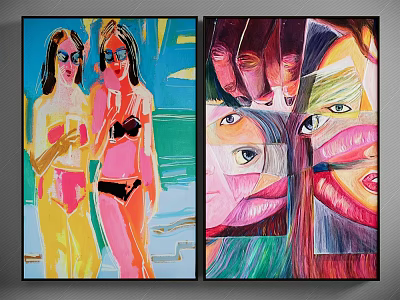 Abstract Painting Featuring Vibrant Colors Female Figures In Swimwear And Abstract Faces 3d model