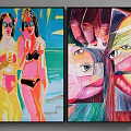 Abstract Painting Featuring Vibrant Colors Female Figures In Swimwear And Abstract Faces