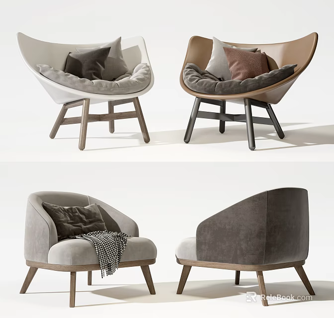 Modern Single Sofa Designs With Wooden Legs Different Colors And Throw Pillows 3d model 