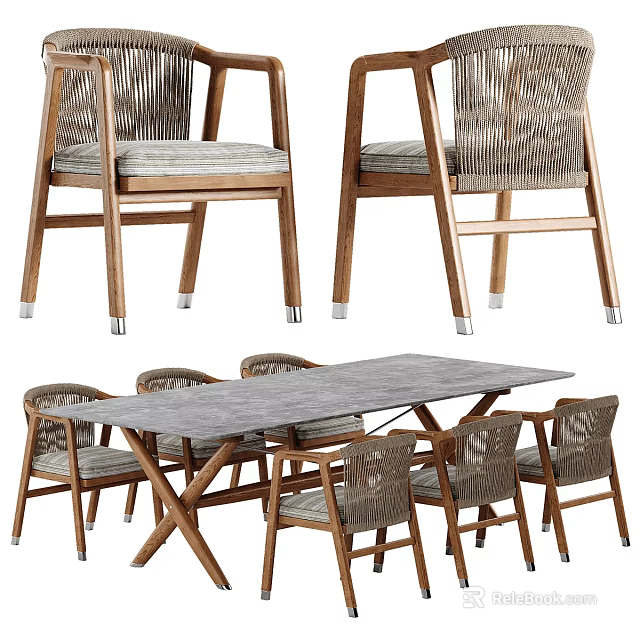 Sturdy Wooden Outdoor Table With Cross Legs And Woven Dining Chairs Set 3d model 