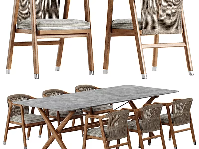 Sturdy Wooden Outdoor Table With Cross Legs And Woven Dining Chairs Set 3d model