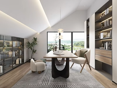 Modern Study Room Interior Design With Bookshelves Desk Chairs Rug And Scenic Window 3d model