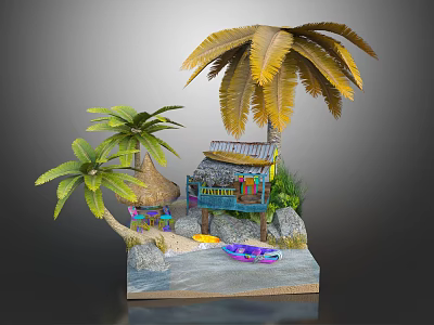 Wooden House by the Water with Palm Trees and Small Boat on Sand Beach 3d model