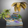 Wooden House by the Water with Palm Trees and Small Boat on Sand Beach