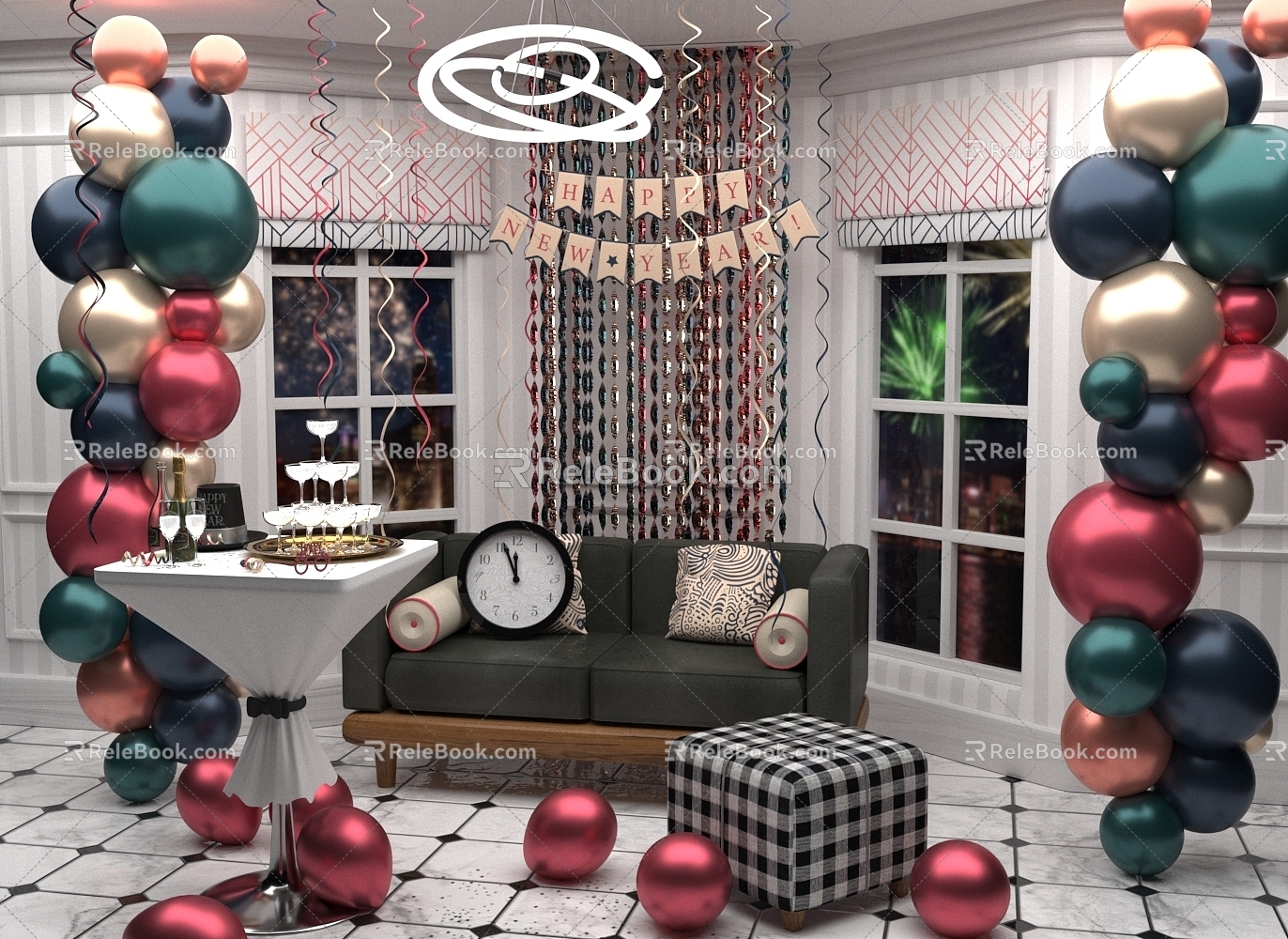 Family Party Scene Sofa Balloon Champagne 3d model