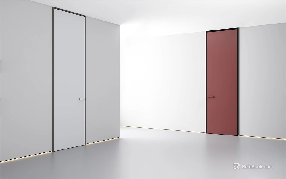 Modern White And Red Swing Doors With Black Frames In Minimalist Interior Space 3d model