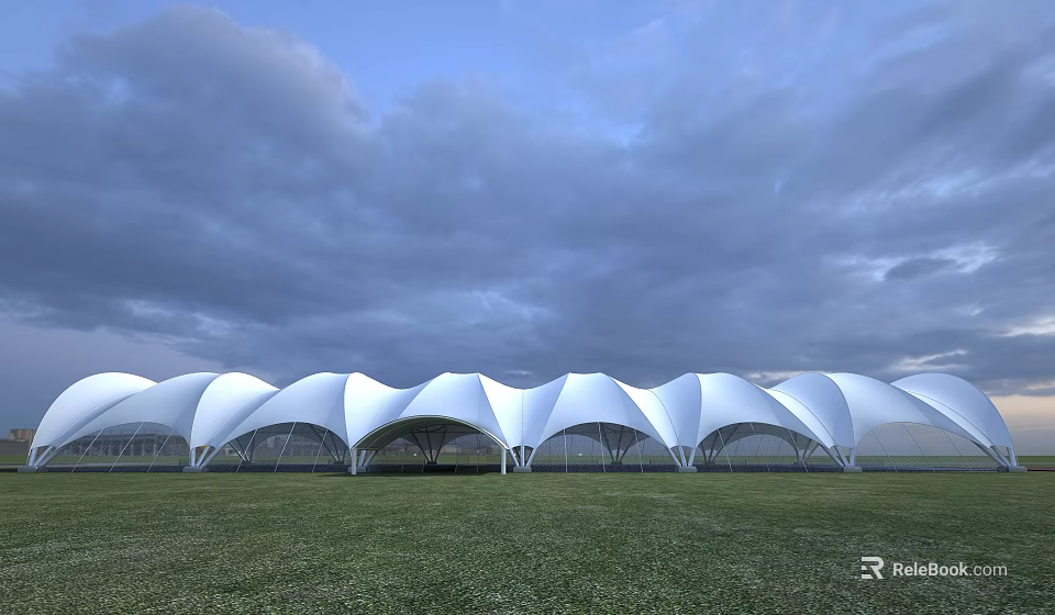Architectural White Tensile Membrane Structures On Lush Green Grassland Under Cloudy Sky 3d model 