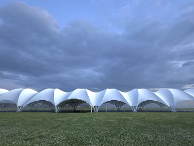 Architectural White Tensile Membrane Structures On Lush Green Grassland Under Cloudy Sky 3d model
