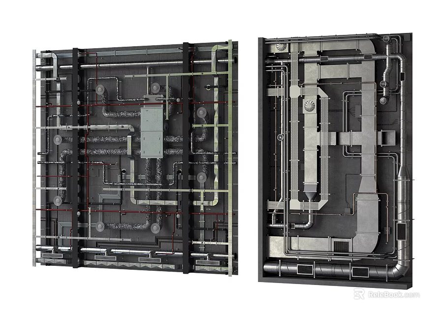 Industrial Metal Piping System Layout With Structural Pipes And Mechanical Components 3d model