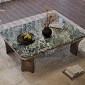 Coffee Table With Green Marble Top Brown Legs Black Vase Dried Flowers And Green Fruits