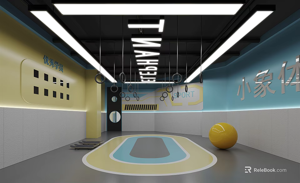 School Indoor Fitness Room Featuring Hanging Rings Yellow Exercise Ball And Colorful Floor Area 3d model 